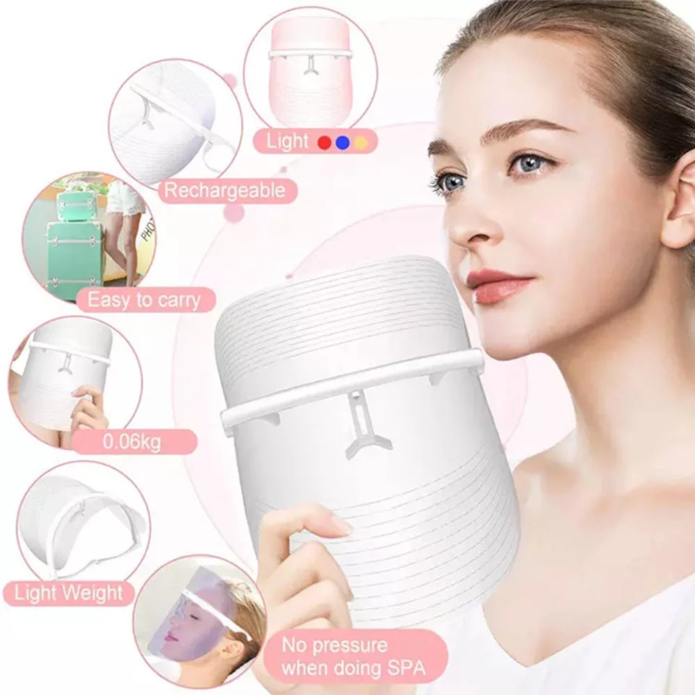 Rechargeable 3 Colors LED Photon Light Facial Mask Acne Treatment Device
