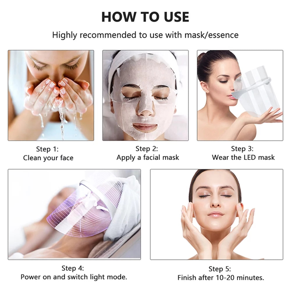 Rechargeable 3 Colors LED Photon Light Facial Mask Acne Treatment Device