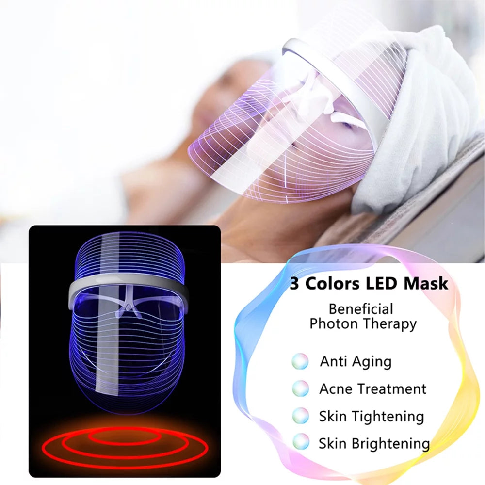Rechargeable 3 Colors LED Photon Light Facial Mask Acne Treatment Device